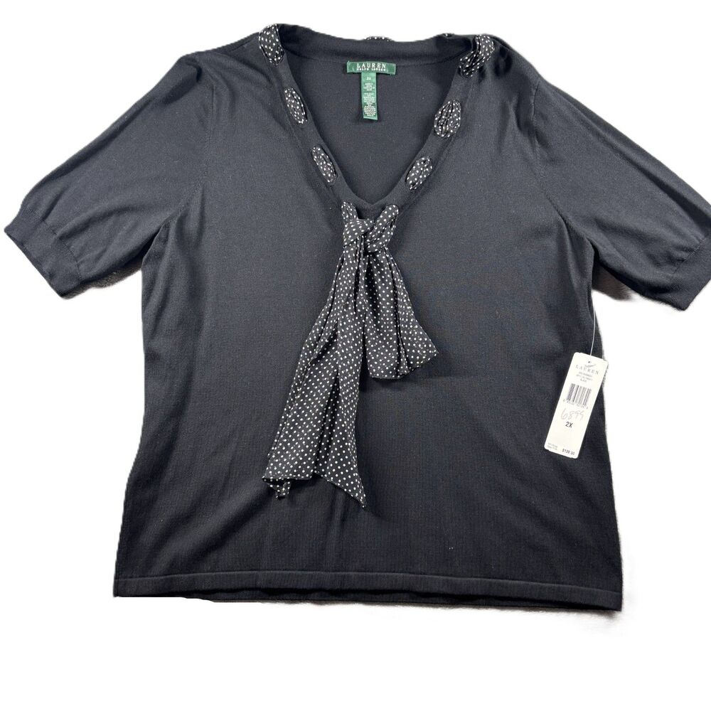 Ralph Lauren Women Silk Sweater NEW Scarf Polka Dot Preppy Career Black 2X P237